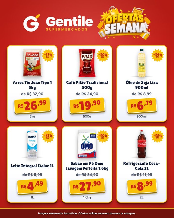 Post Ofertas da Semana do Gentile Supermercados com seis produtos, preço de e por